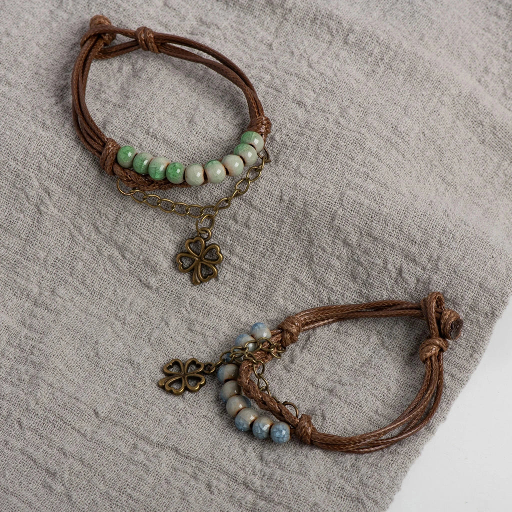 Cord Bracelet with Four-Leaf Clover and Green Beads