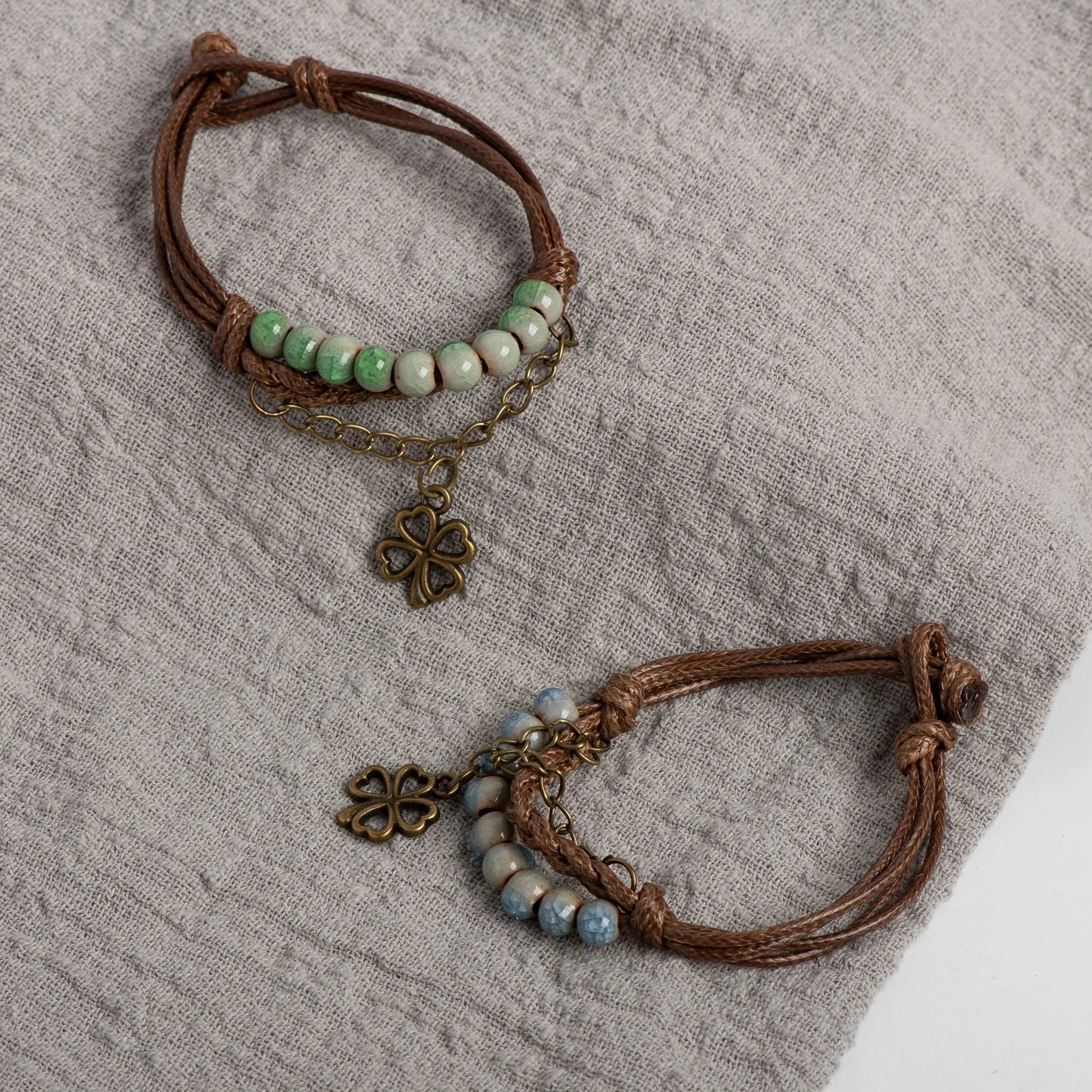 Cord Bracelet with Four-Leaf Clover and Green Beads