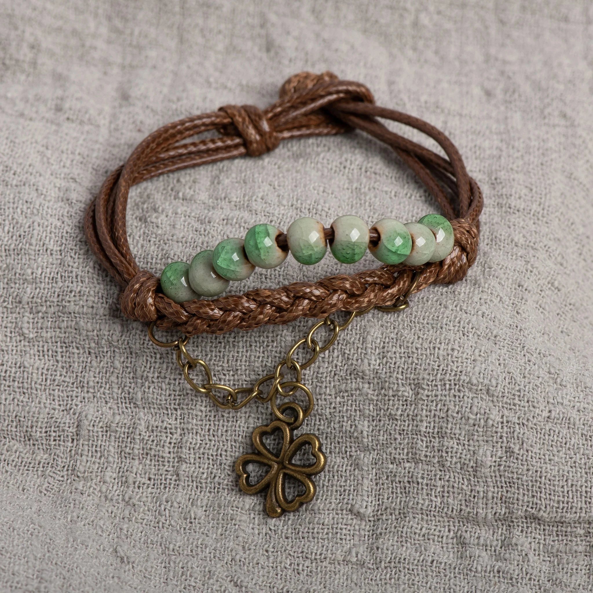 Cord Bracelet with Four-Leaf Clover and Green Beads