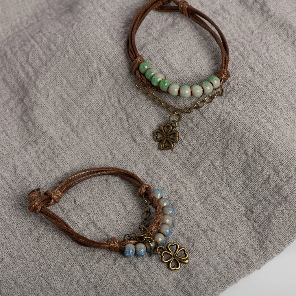 Cord Bracelet with Four-Leaf Clover and Green Beads