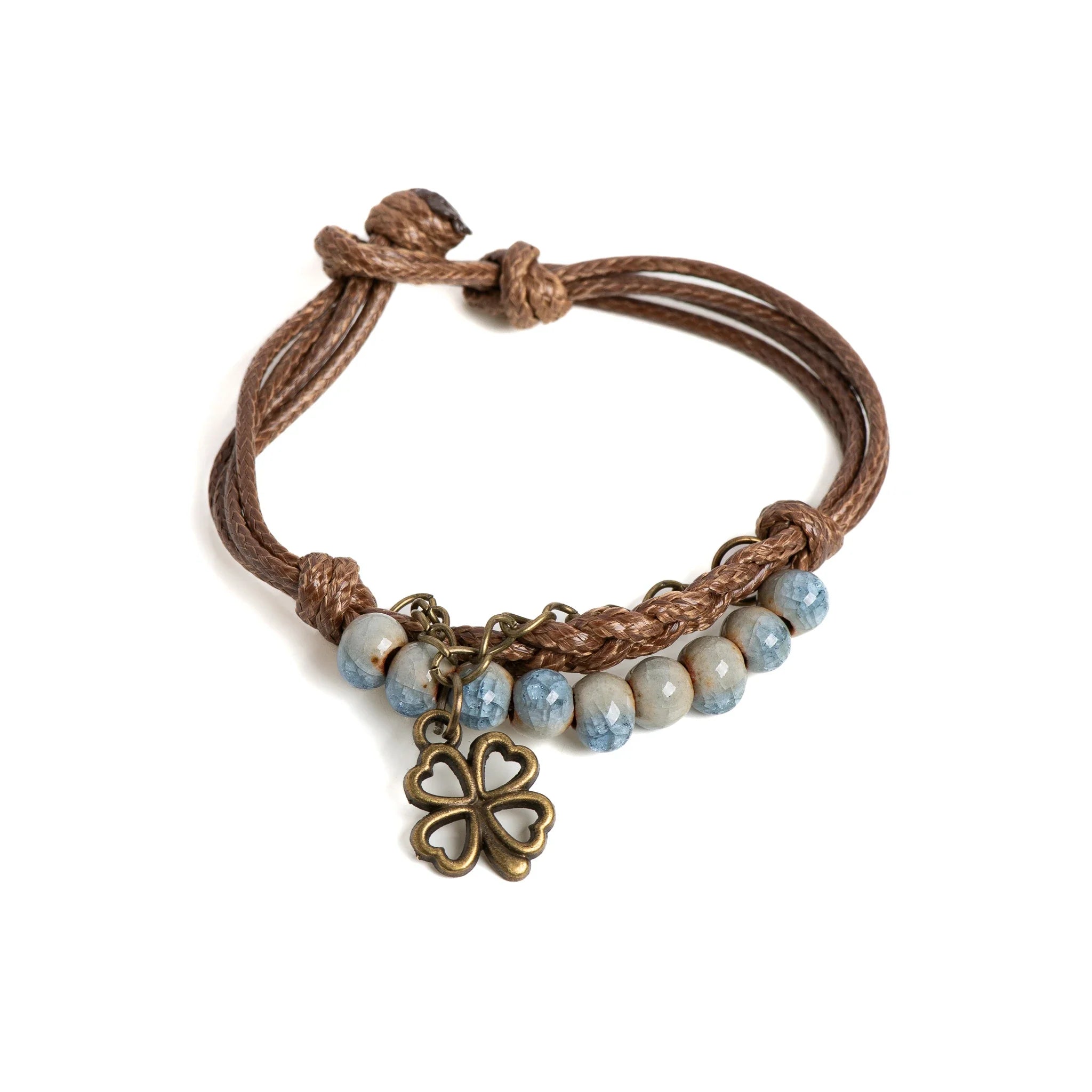 Cord Bracelet with Four-Leaf Clover and Blue Beads