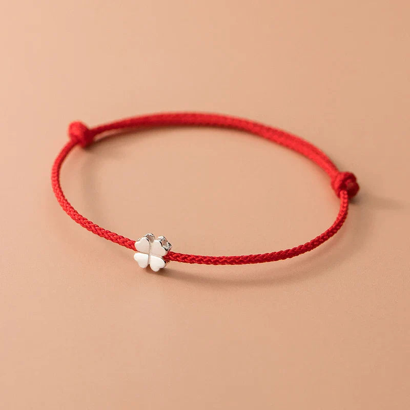Cord Bracelet with White and Red Four-Leaf Clover