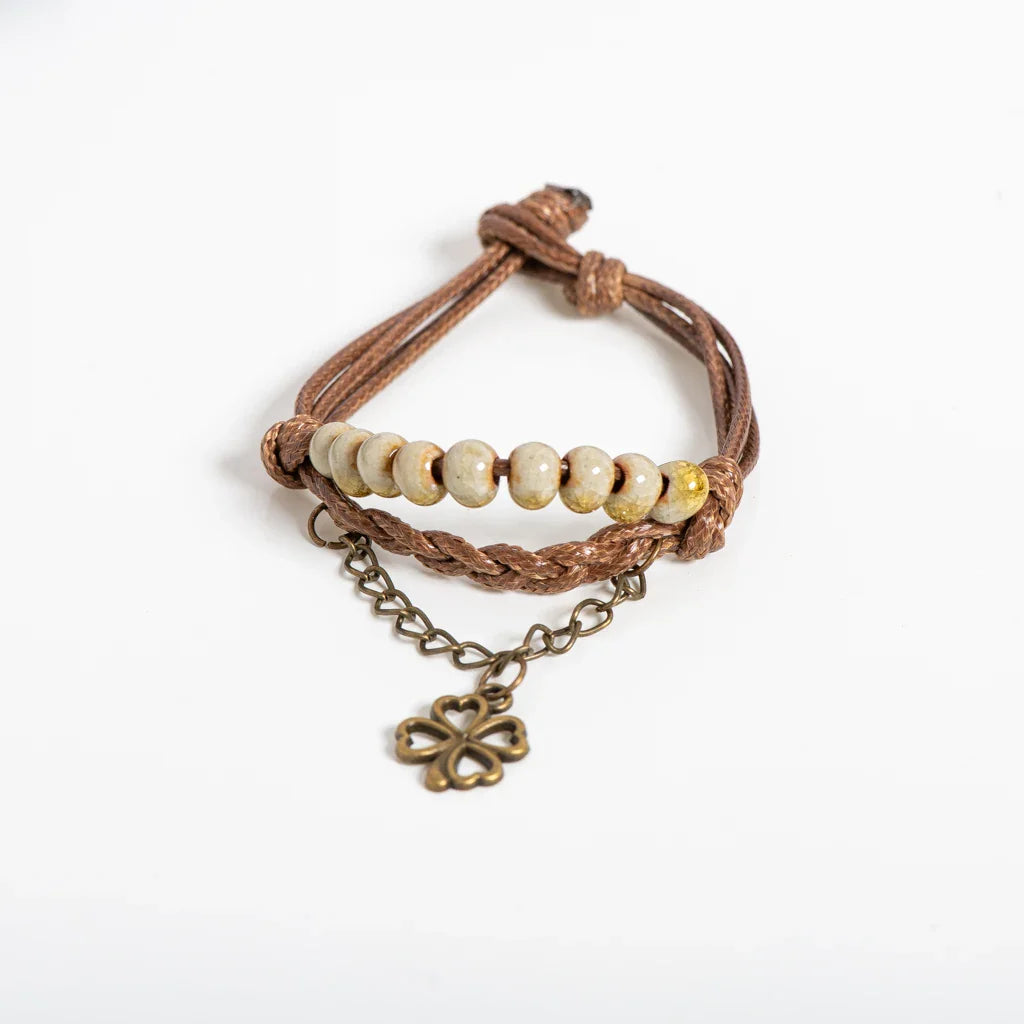 Cord Bracelet with Four-Leaf Clover and Yellow Beads