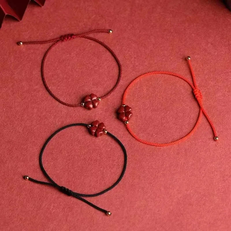 Cord Bracelet with Dark Red Cinnabar Stone Four-Leaf Clover
