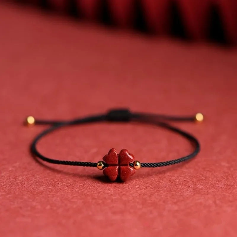Cord Bracelet with Black Cinnabar Stone Four-Leaf Clover