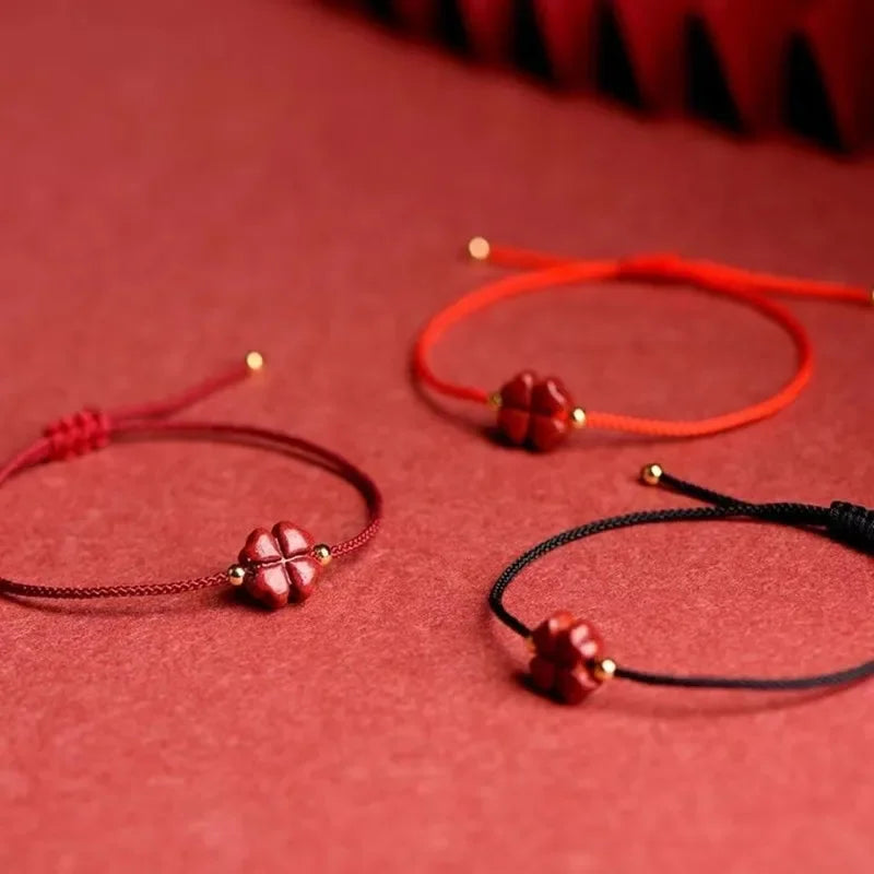 Cord Bracelet with Red Cinnabar Stone Four-Leaf Clover
