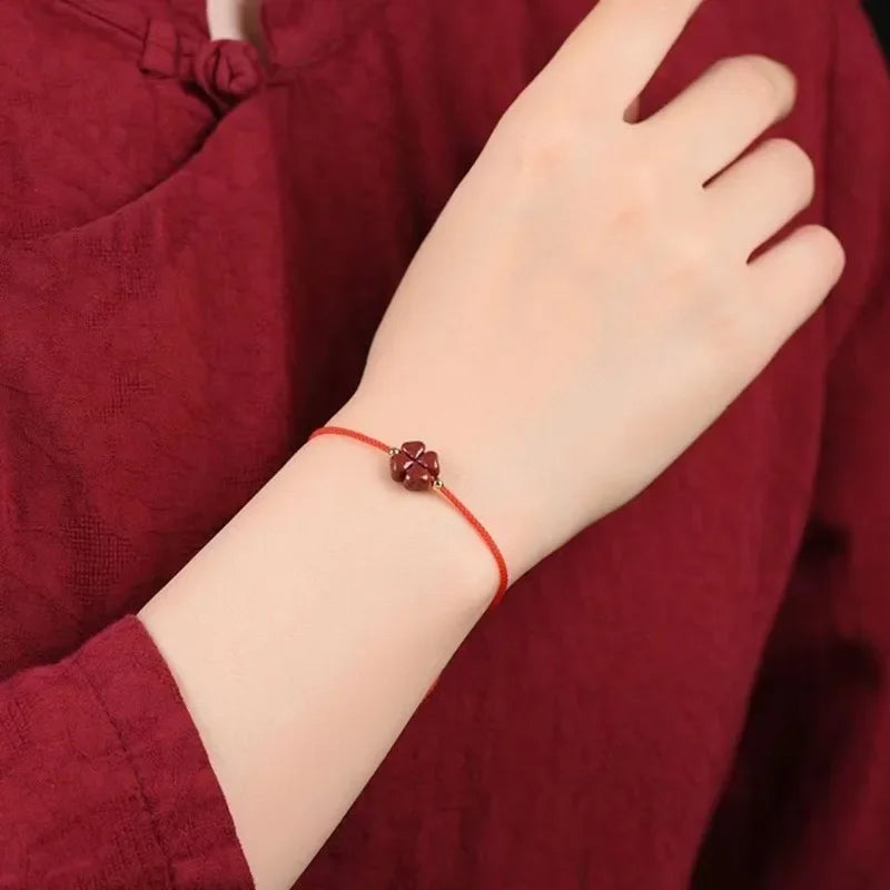Cord Bracelet with Red Cinnabar Stone Four-Leaf Clover