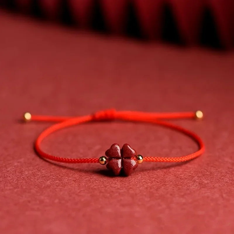 Cord Bracelet with Red Cinnabar Stone Four-Leaf Clover
