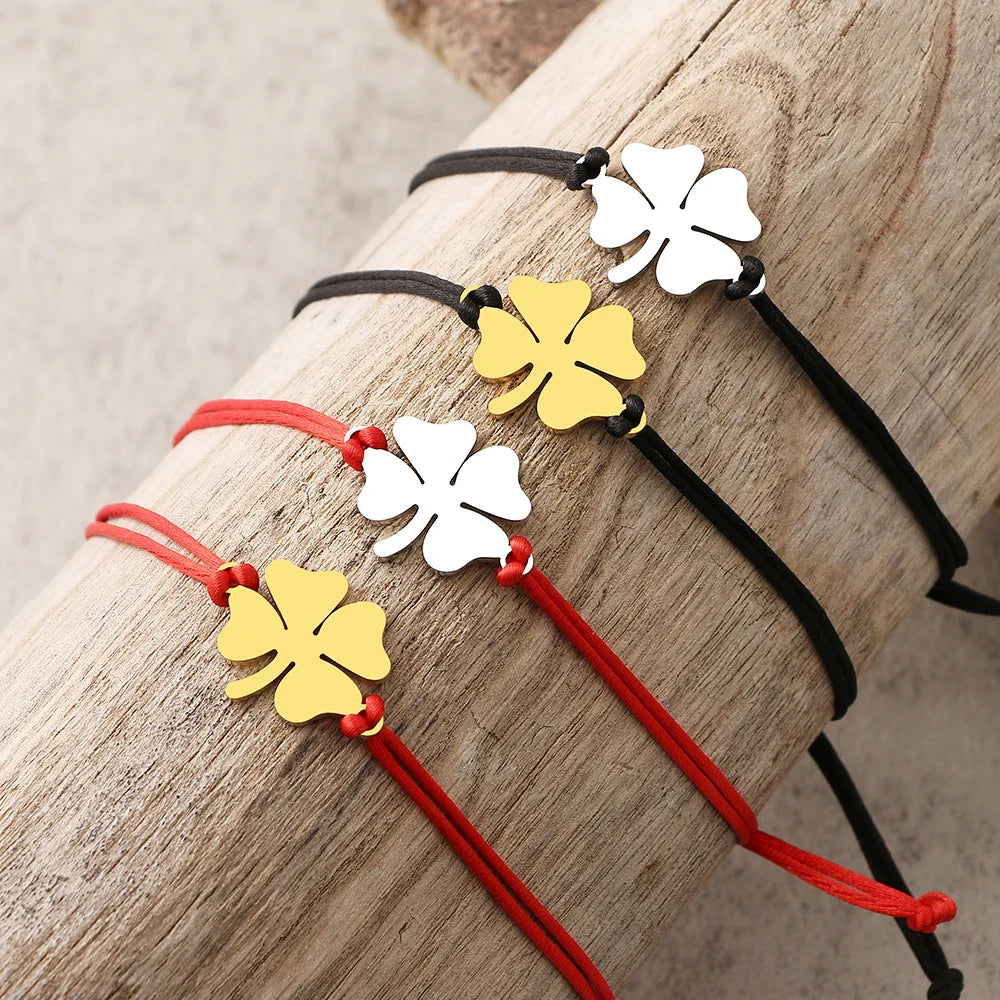 Cord Bracelet with Red and Gold Four-Leaf Clover Good Luck Charm