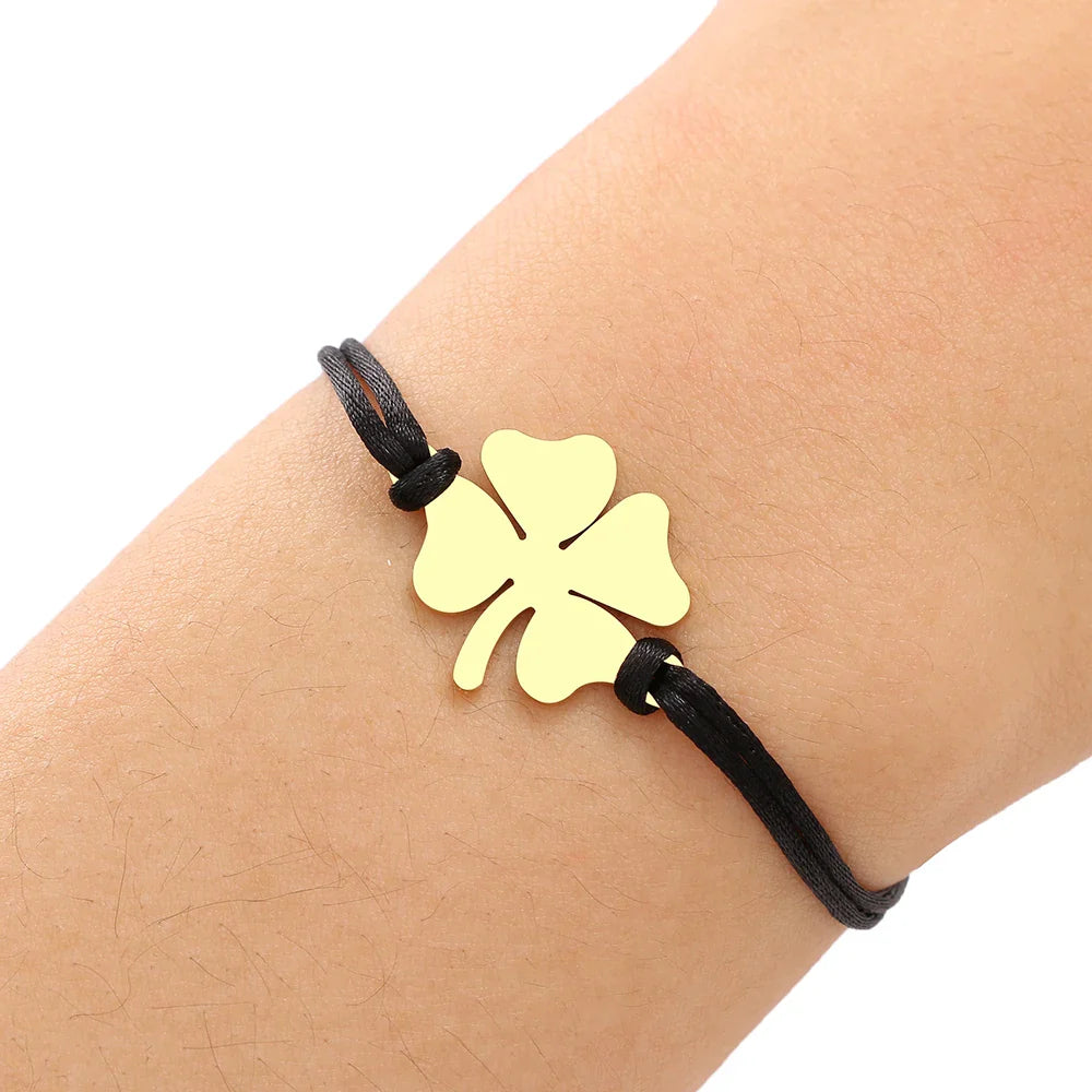 Cord Bracelet with Black and Gold Four-Leaf Clover Good Luck Charm
