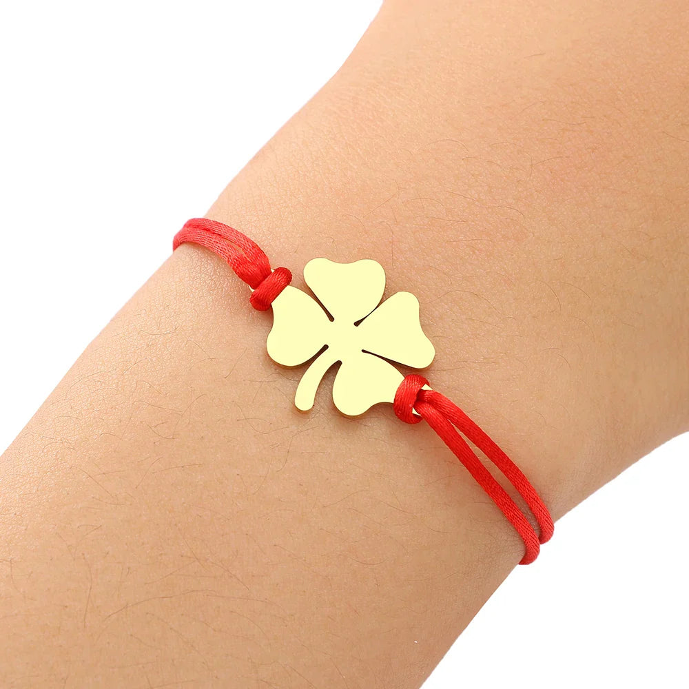 Cord Bracelet with Red and Gold Four-Leaf Clover Good Luck Charm