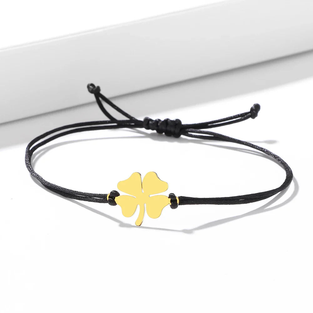 Cord Bracelet with Black and Gold Four-Leaf Clover Good Luck Charm