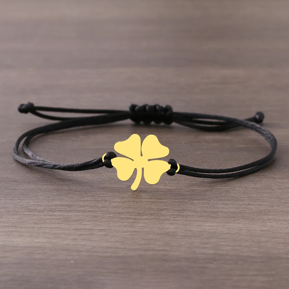Cord Bracelet with Black and Gold Four-Leaf Clover Good Luck Charm