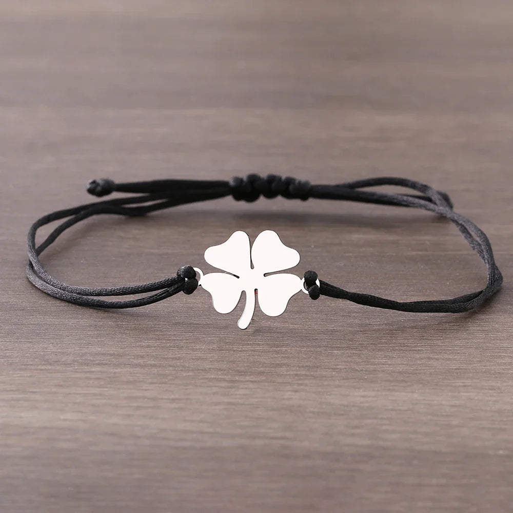 Cord Bracelet with Black and Silver Four-Leaf Clover Good Luck Charm