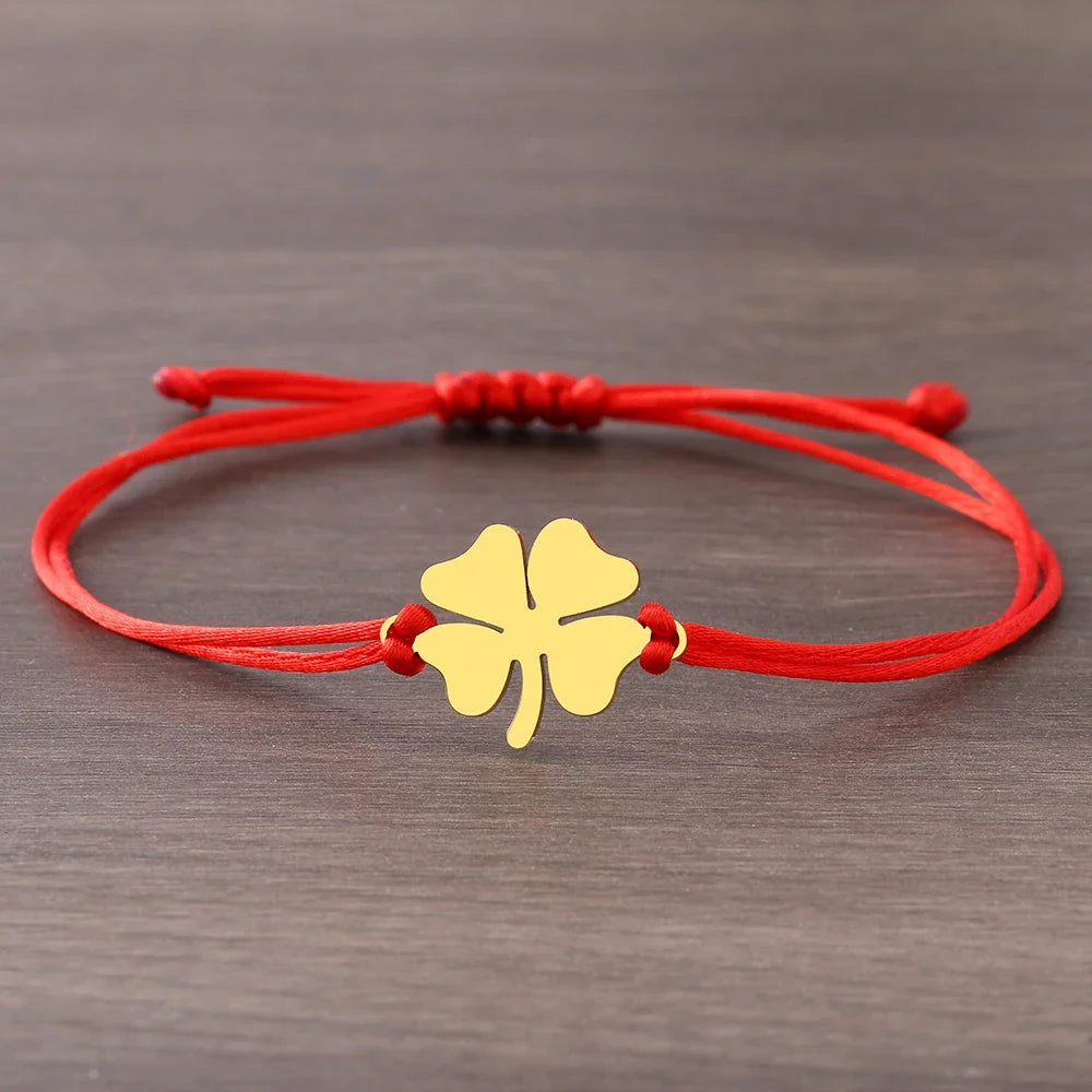 Cord Bracelet with Red and Gold Four-Leaf Clover Good Luck Charm