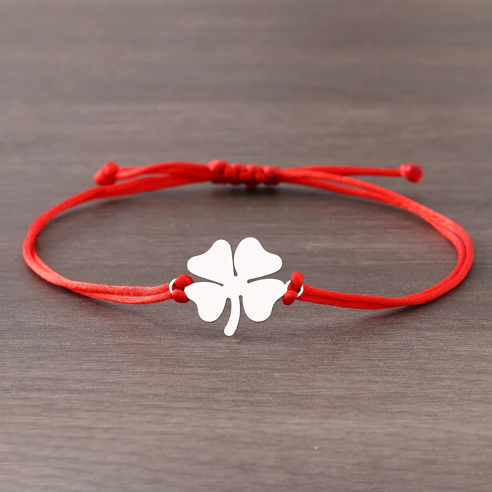 Cord Bracelet with Red and Silver Four-Leaf Clover Good Luck Charm