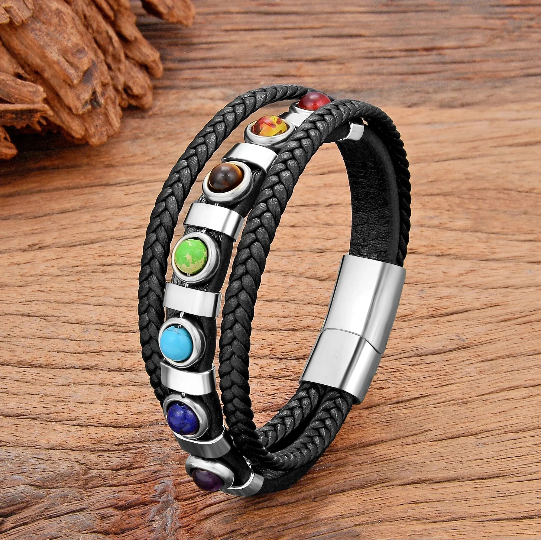 7 Chakras Men's Silver Leather Bracelet