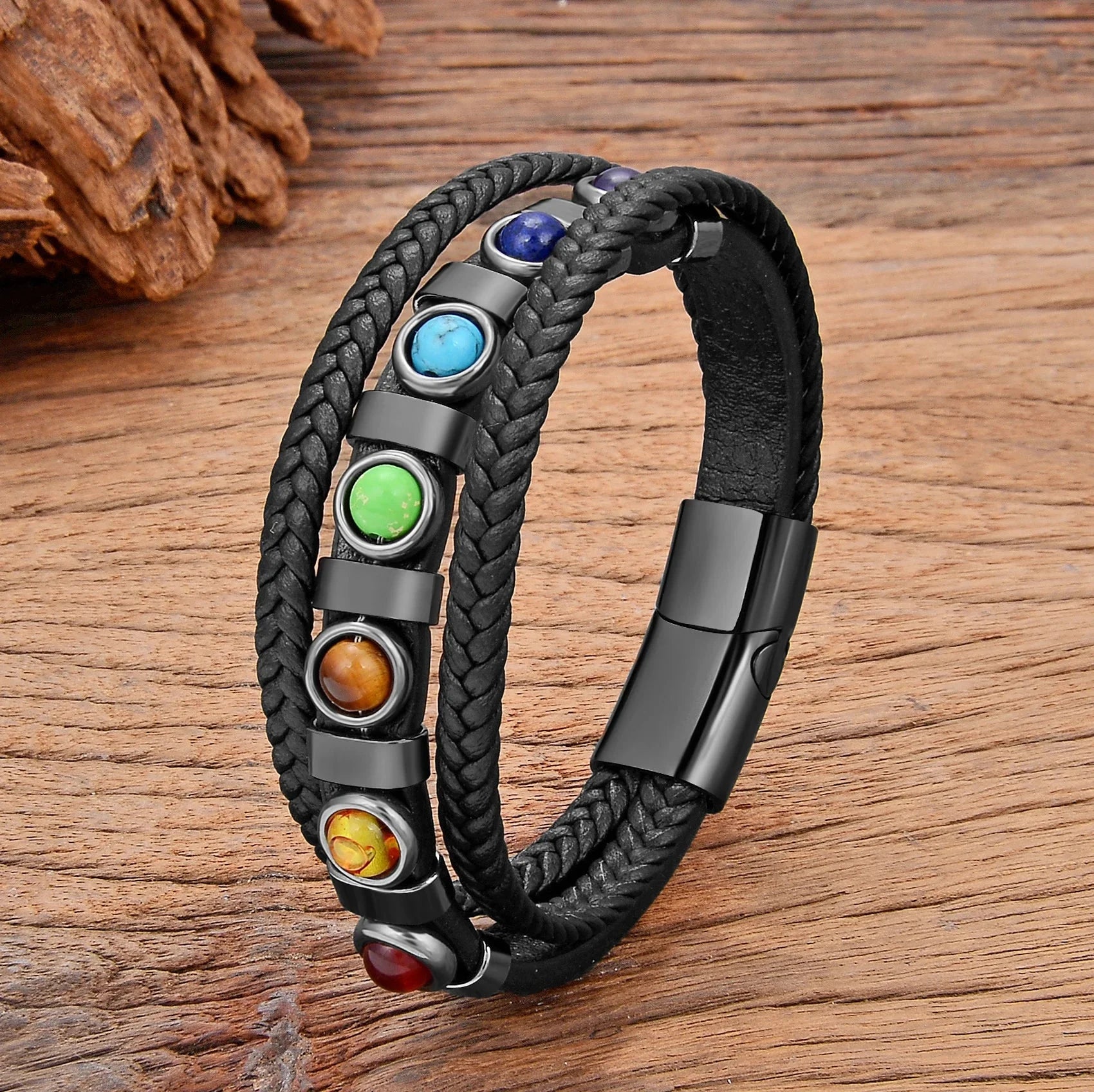 7 Chakras Men's Black Leather Bracelet