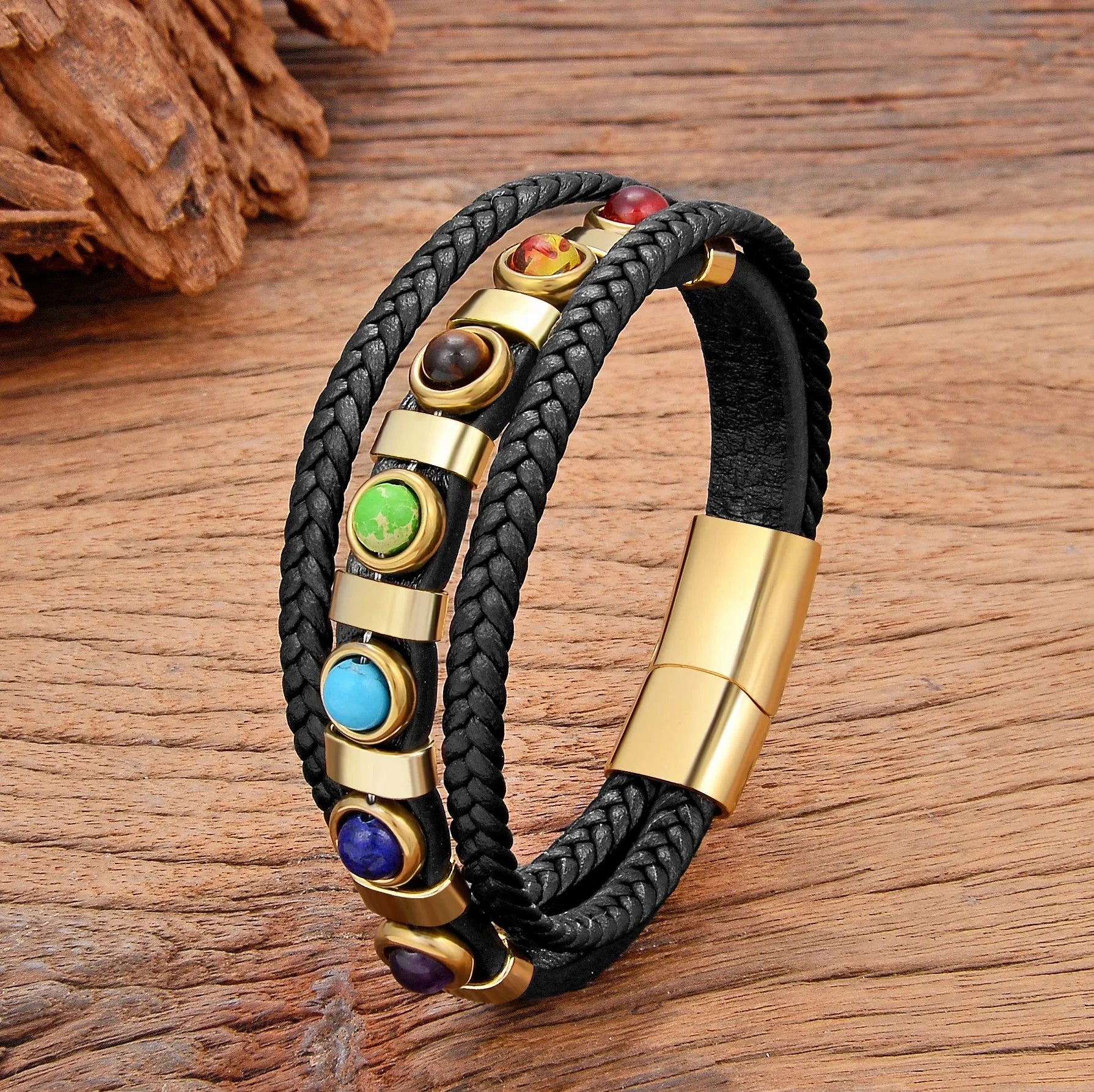 7 Chakras Men's Gold Leather Bracelet