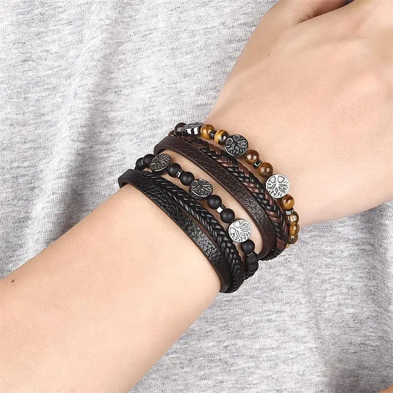 Men's Leather Tree of Life Beaded Bracelet