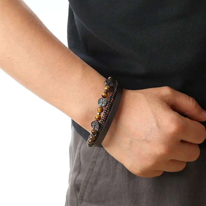 Men's Leather Tree of Life Beaded Bracelet