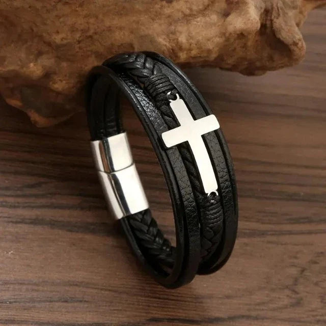 Leather Bracelet with Cross for Men