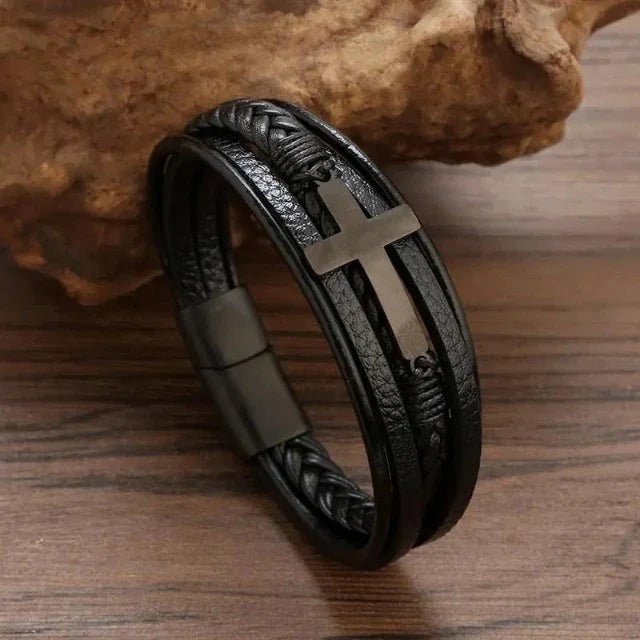 Leather Bracelet with Cross for Men