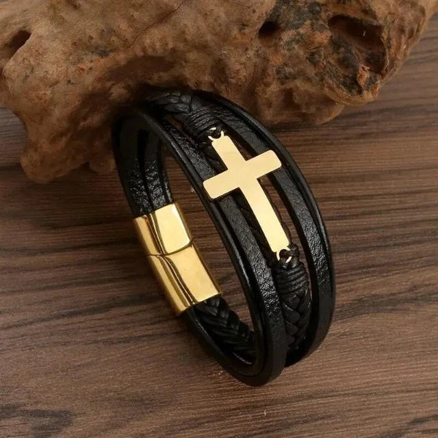 Leather Bracelet with Cross for Men