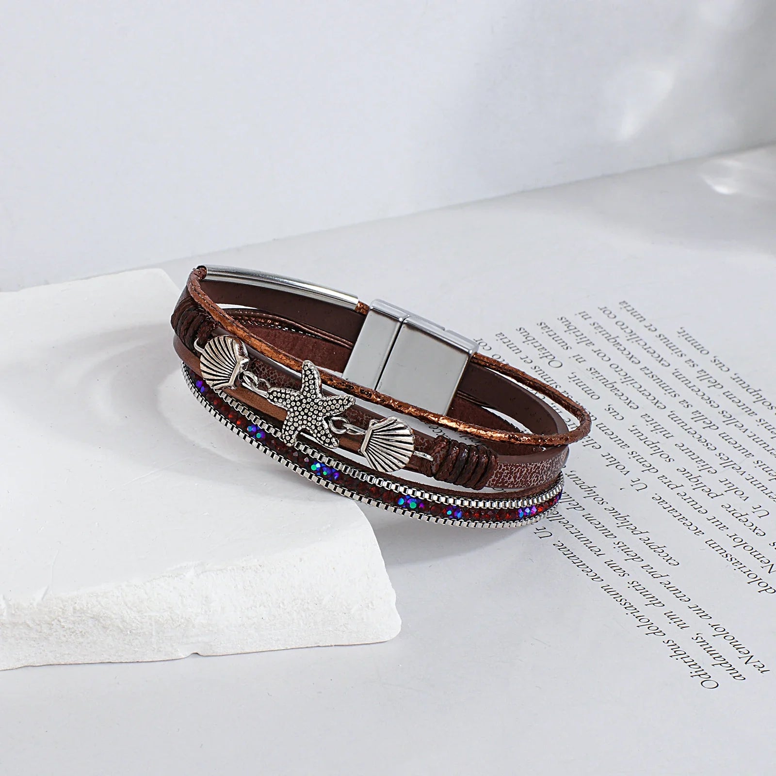 Bracelet en cuir coquillage et étoile de mer marron