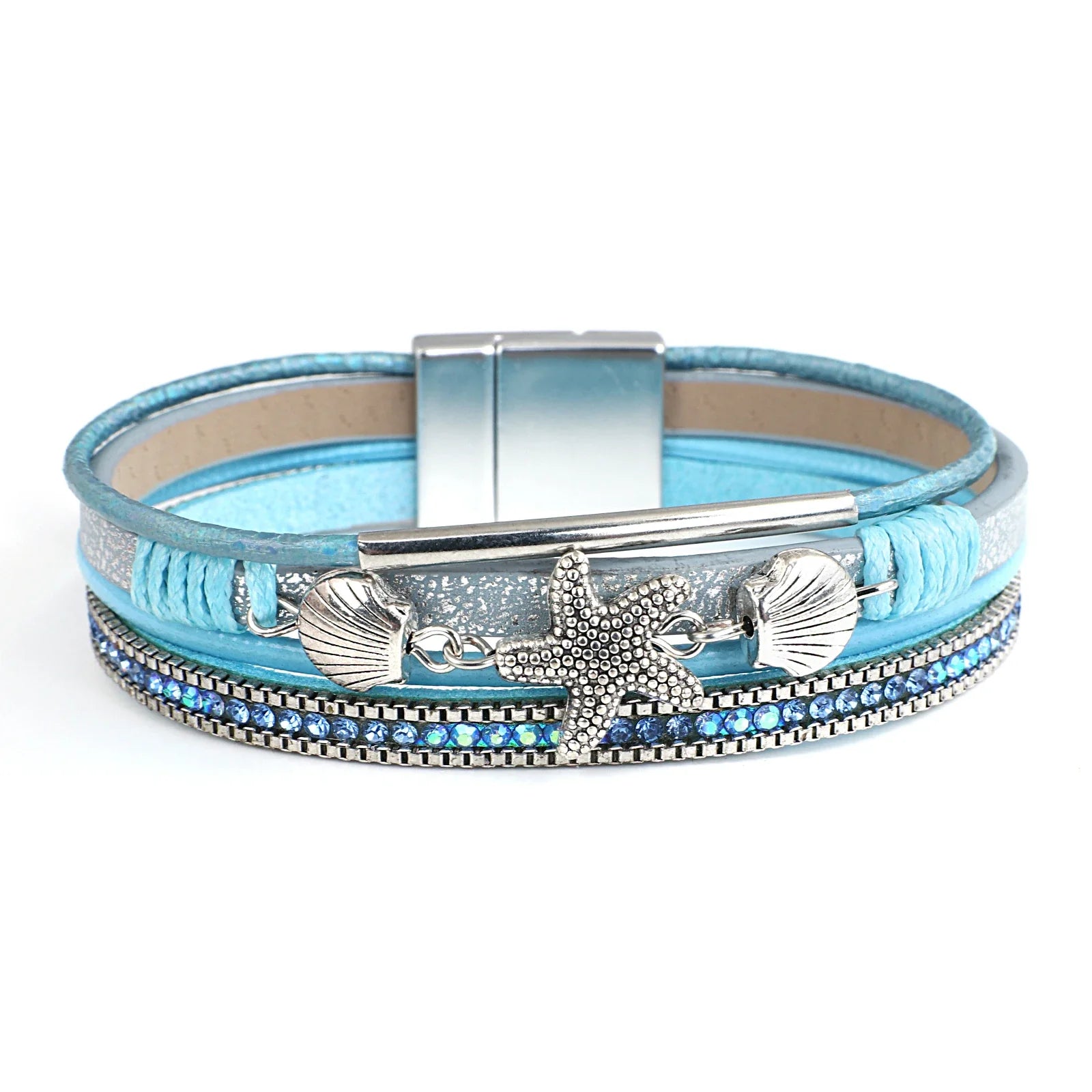 Bracelet en cuir coquillage et étoile de mer bleu