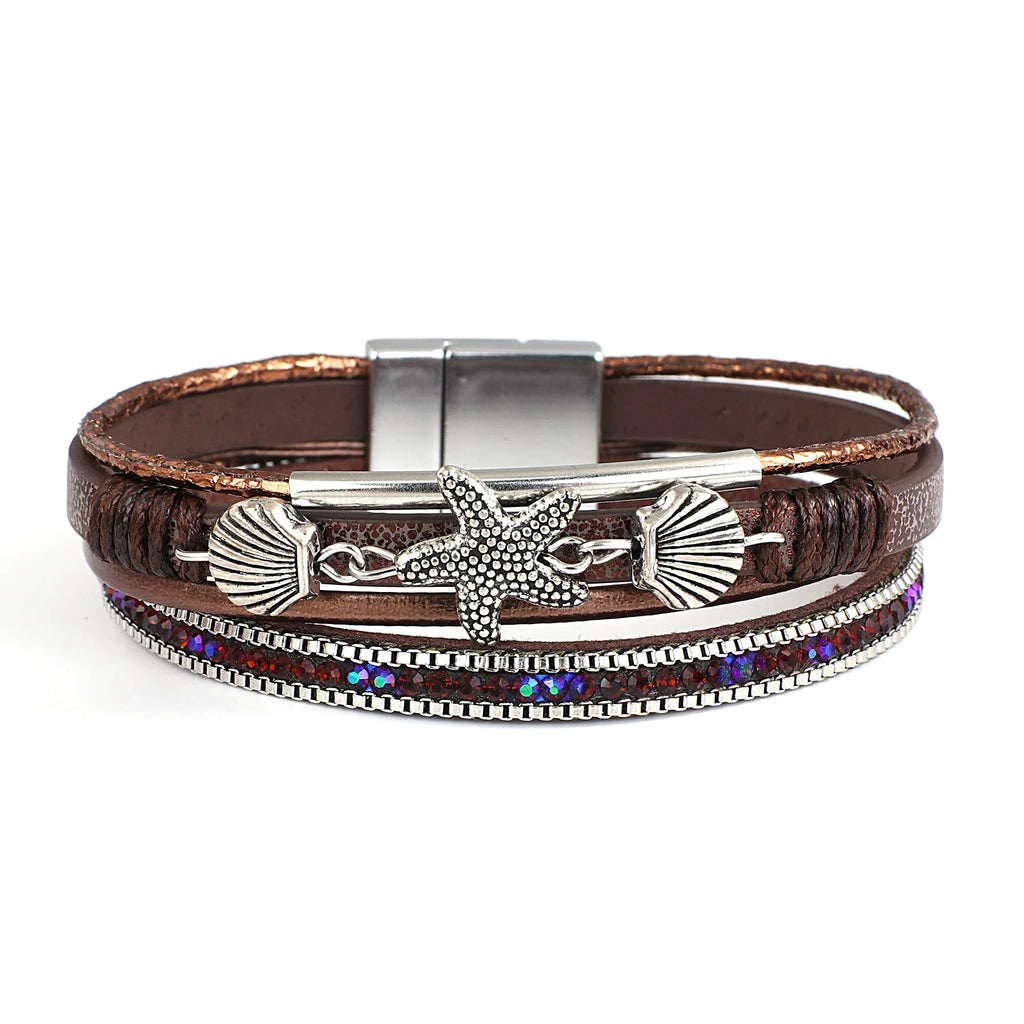 Bracelet en cuir coquillage et étoile de mer marron