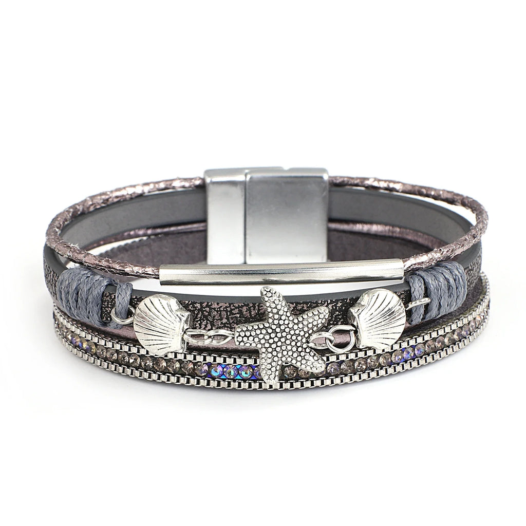 Bracelet en cuir coquillage et étoile de mer gris