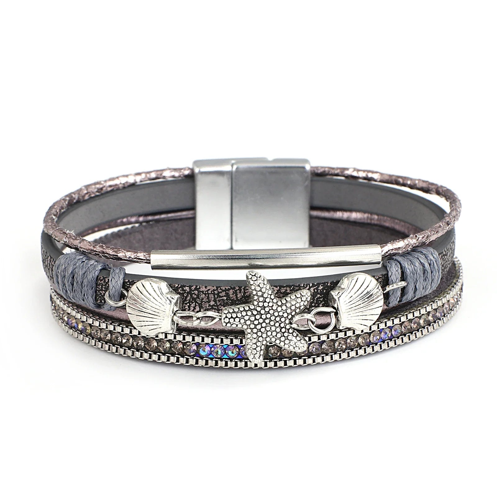 Bracelet en cuir coquillage et étoile de mer gris