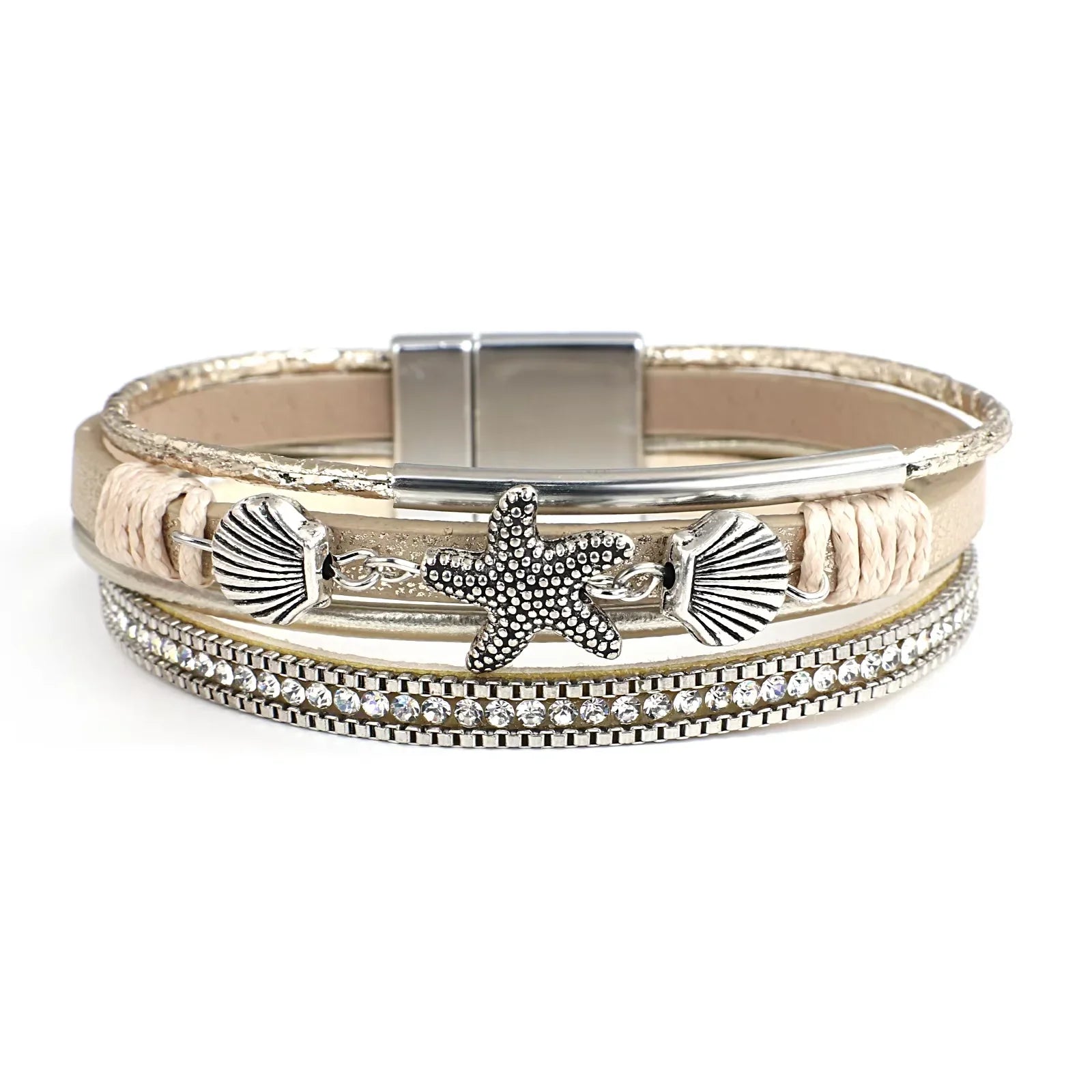 Bracelet en cuir coquillage et étoile de mer or blanc