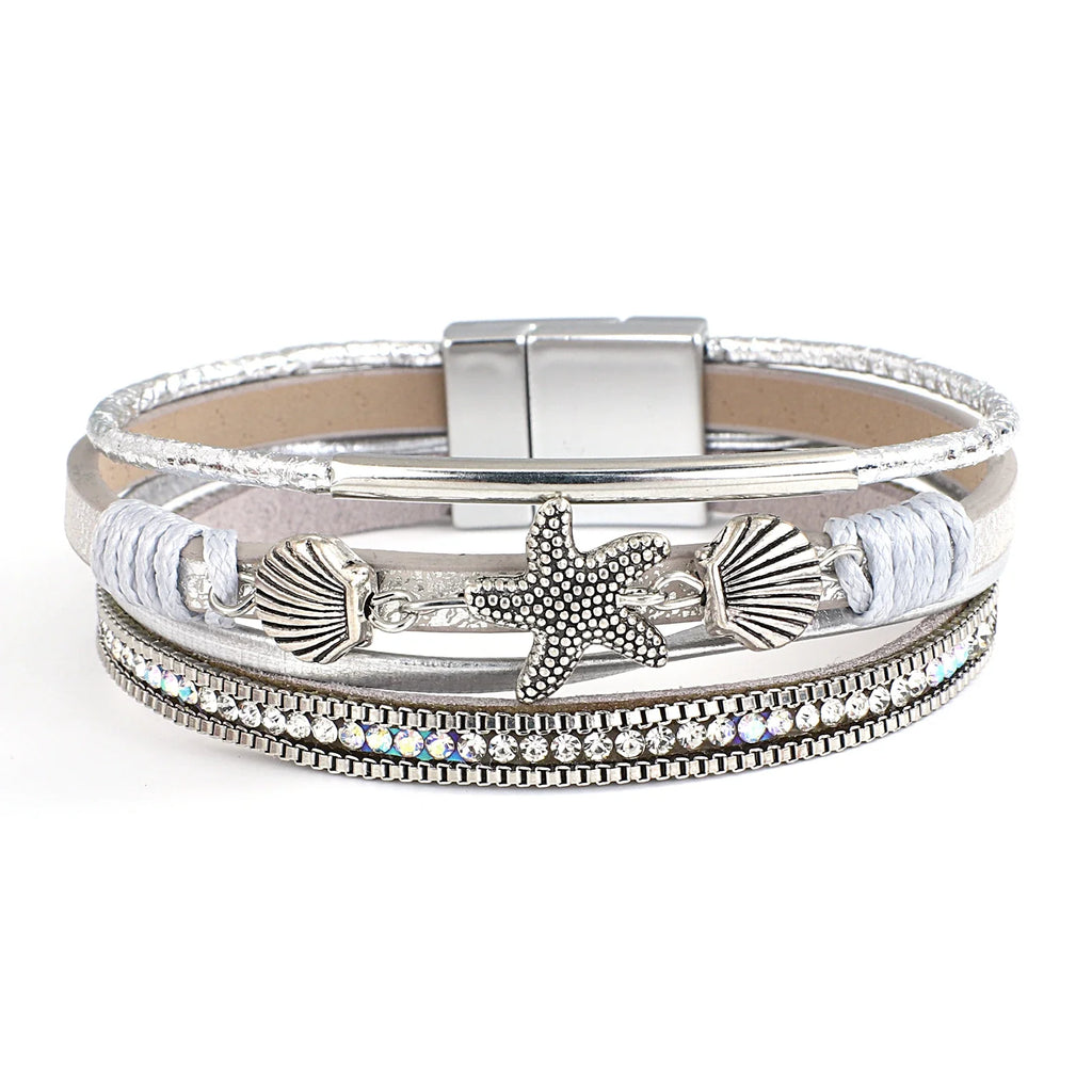 Bracelet en cuir coquillage et étoile de mer argent