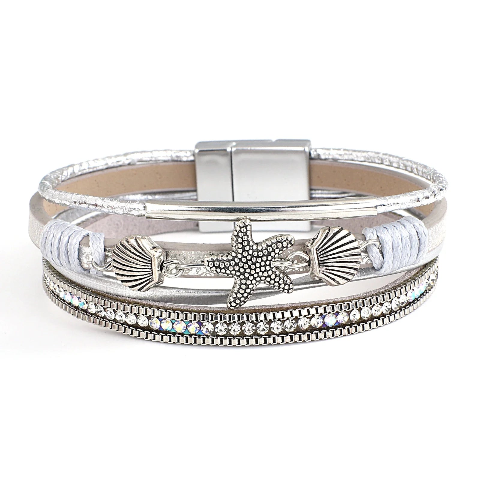 Bracelet en cuir coquillage et étoile de mer argent
