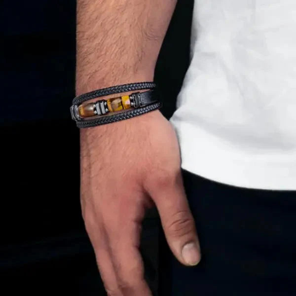 Leather Bracelet with Tiger Eye Stones