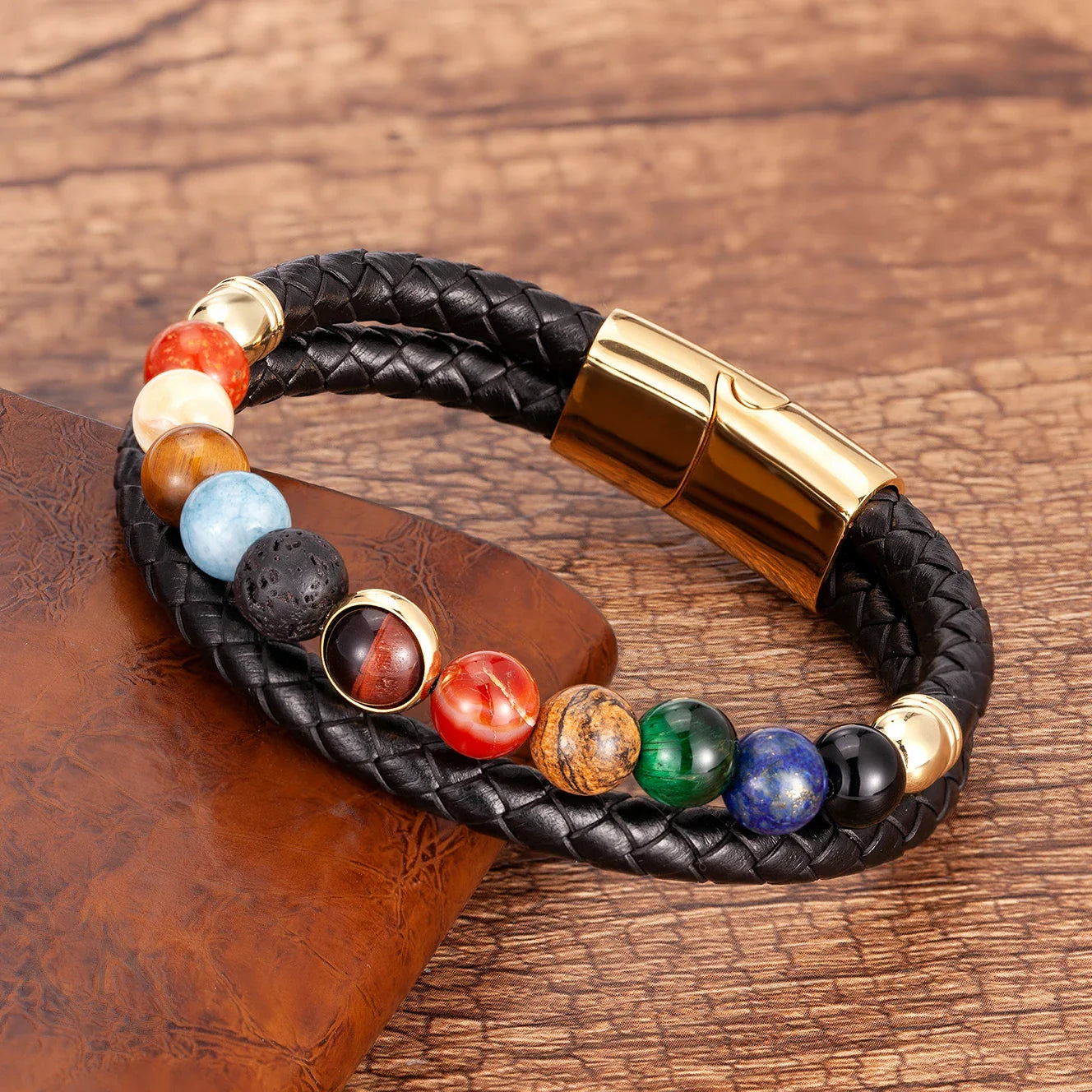 Leather Bracelet 7 Chakra Stones Men Women gold style a