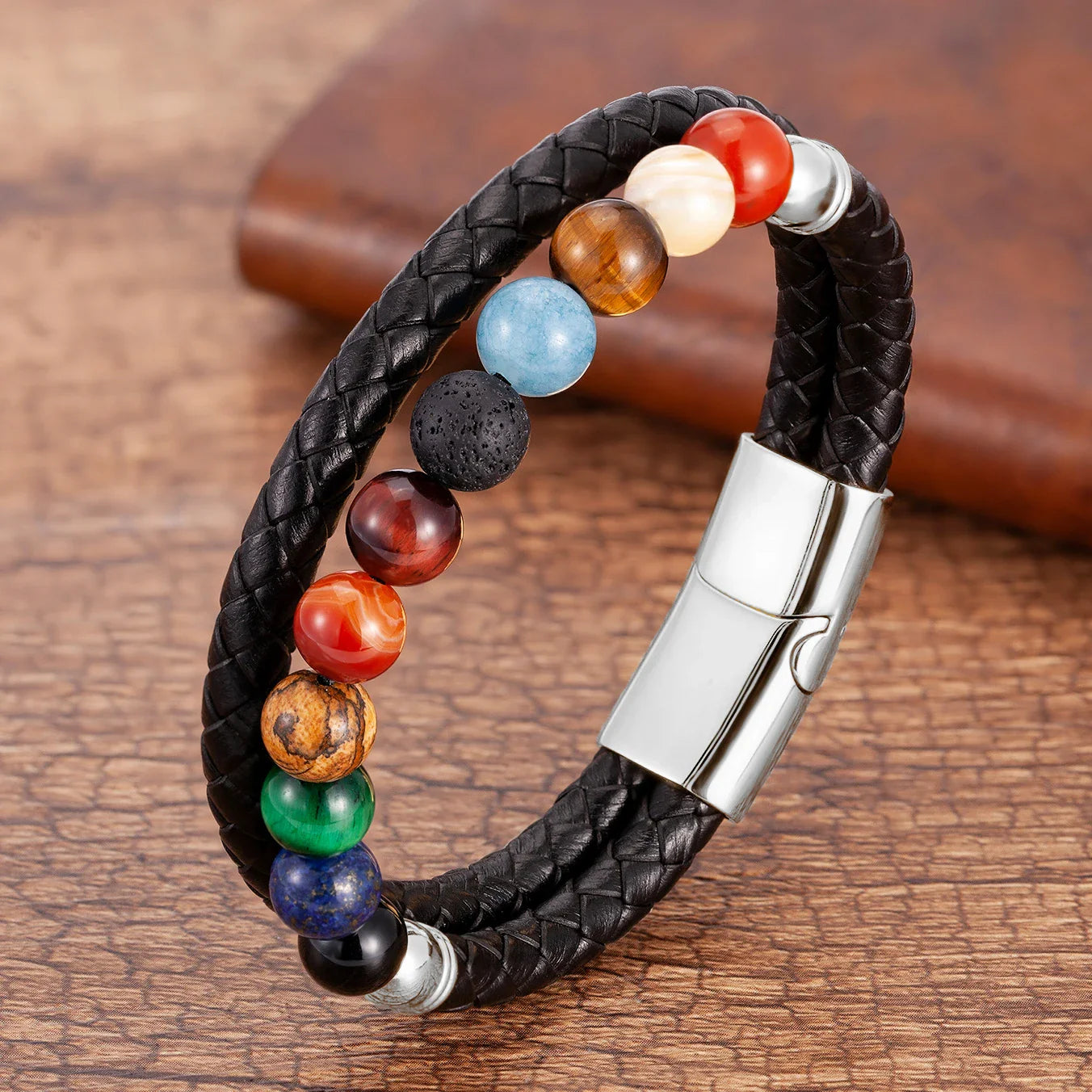 Leather Bracelet 7 Chakra Stones Men Women silver style b