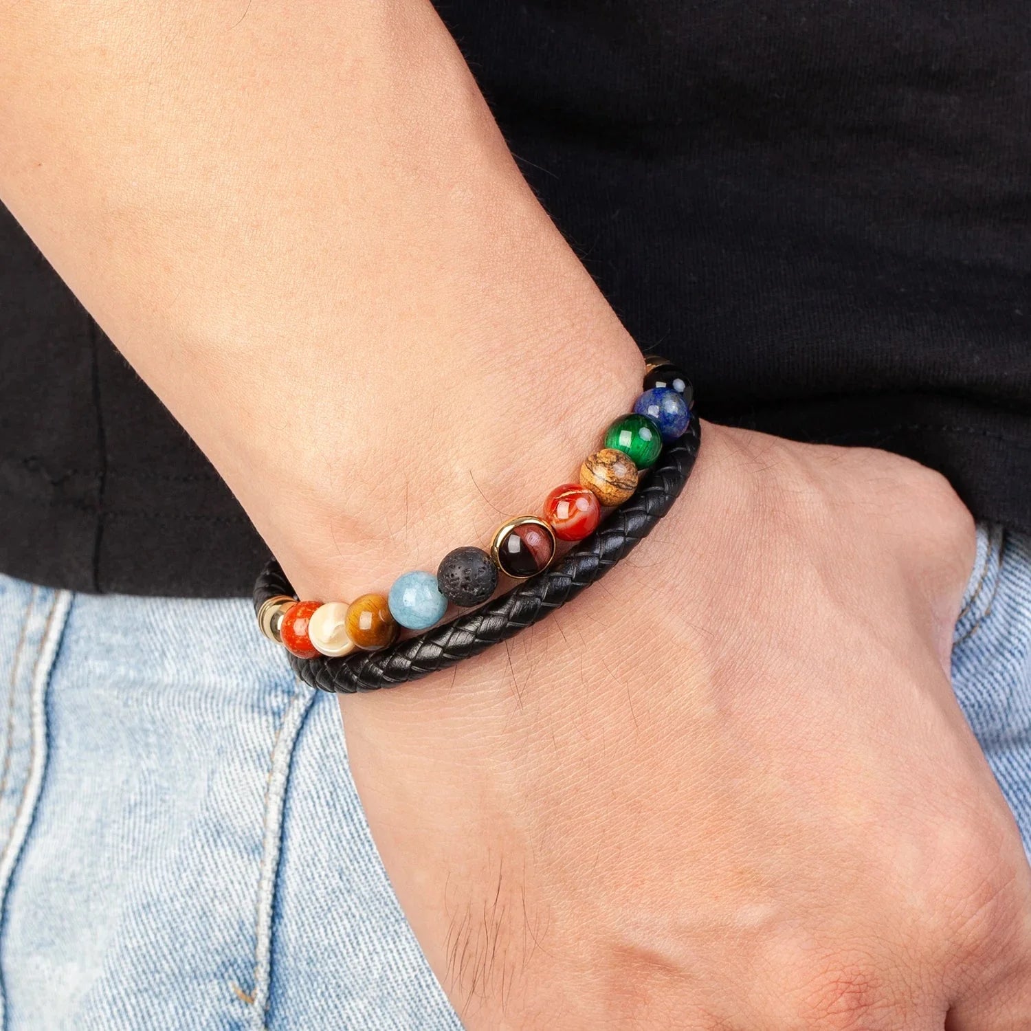 Leather Bracelet 7 Chakra Stones Men Women