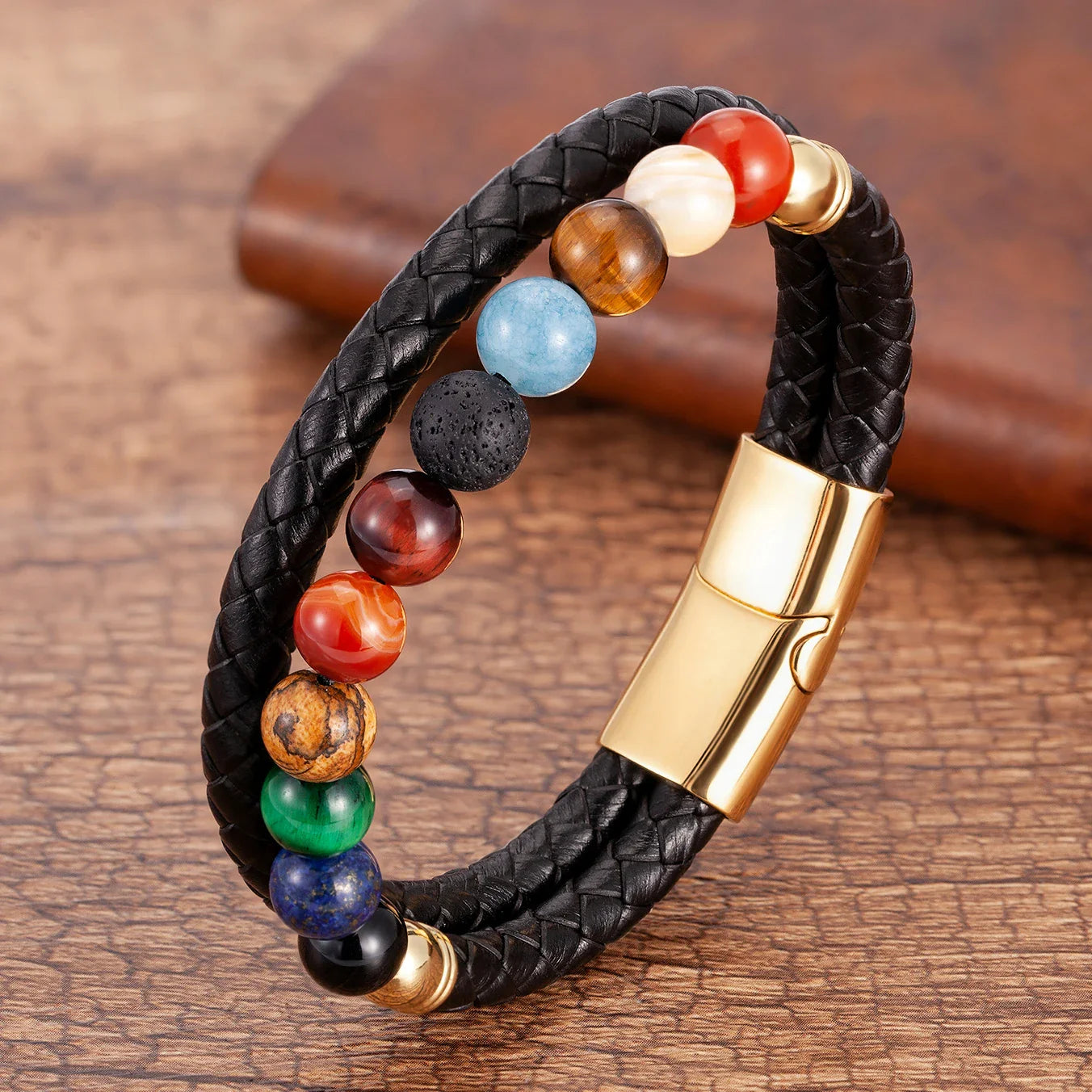 Leather Bracelet 7 Chakra Stones Men Women gold style b