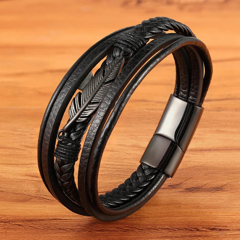 Men's Black Leather Feather Bracelet