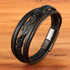 Men's Black Leather Feather Bracelet
