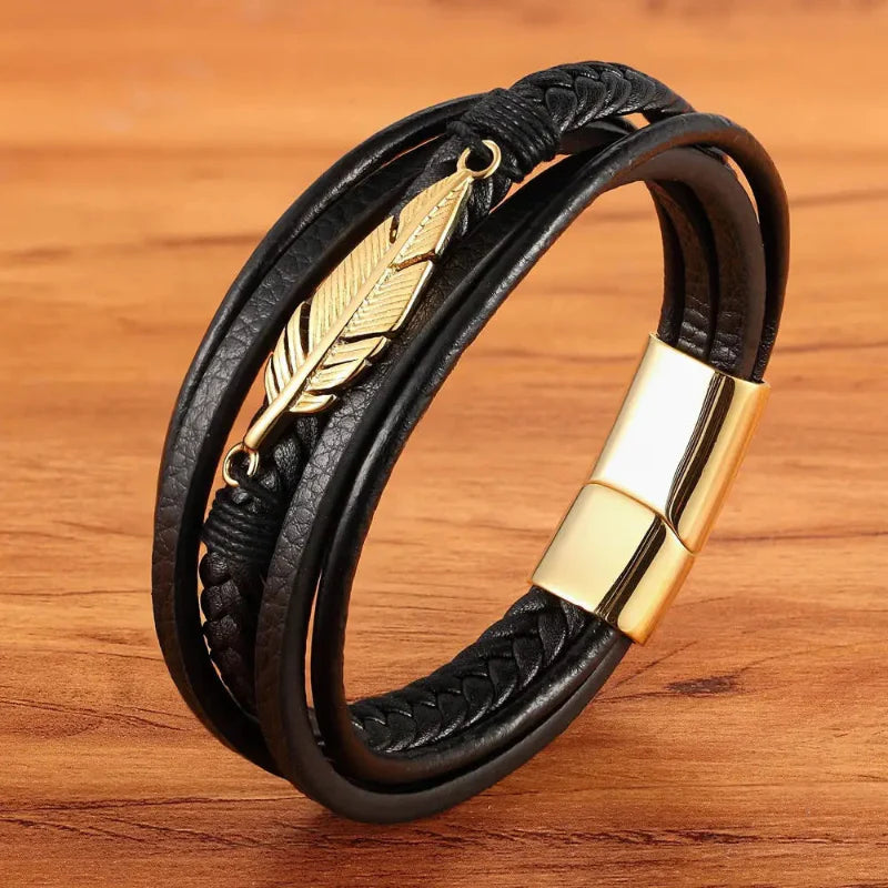 Men's Gold Leather Feather Bracelet