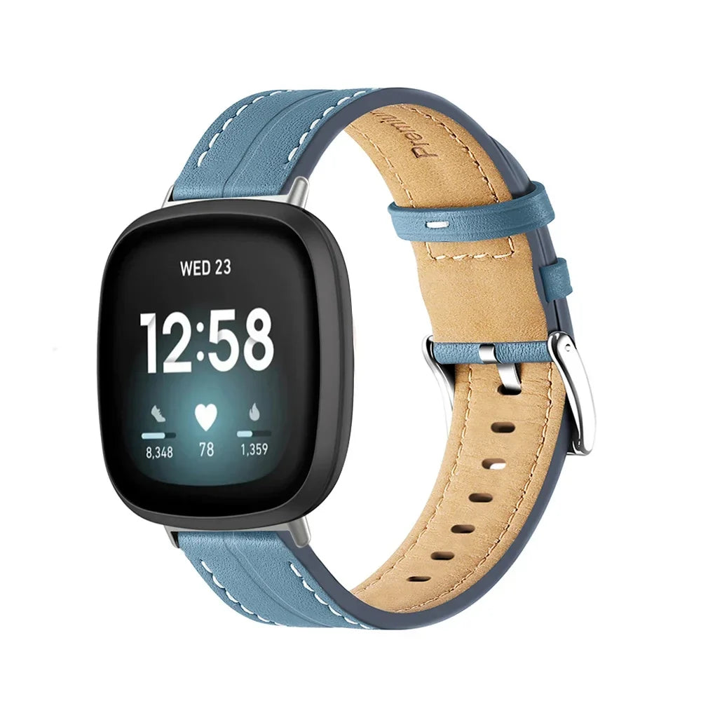Bracelet en cuir pour montre Fitbit Versa 3, Versa 4, Sense 1 et Sense 2 bleu