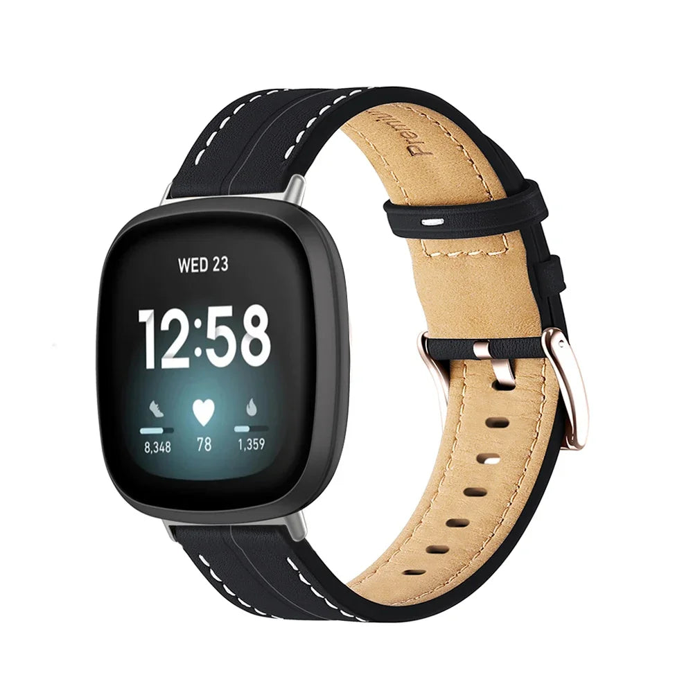 Bracelet en cuir pour montre Fitbit Versa 3, Versa 4, Sense 1 et Sense 2 noir