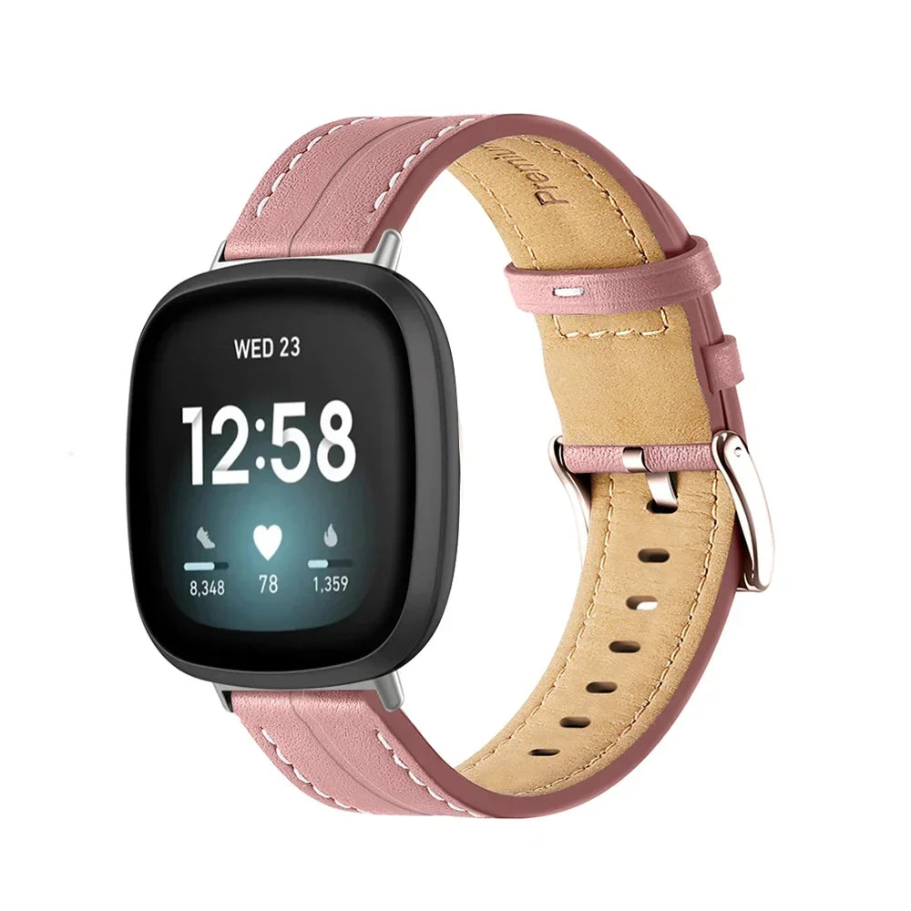 Bracelet en cuir pour montre Fitbit Versa 3, Versa 4, Sense 1 et Sense 2 rose