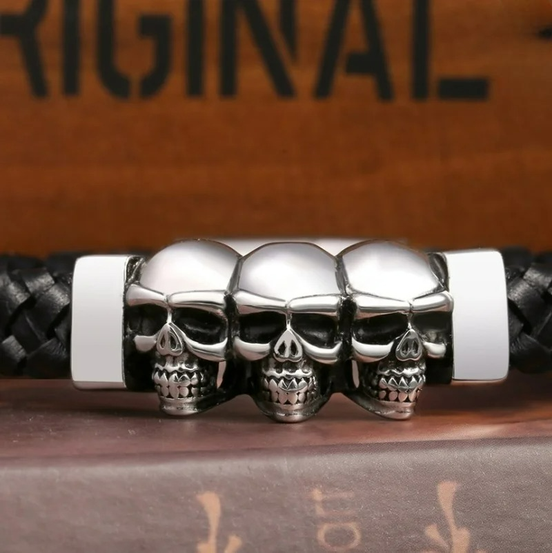 Leather Bracelet Skull Heads