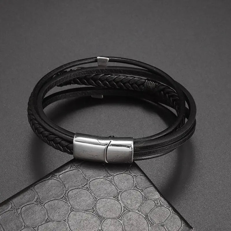 Egyptian Braided Leather Bracelet Ankh Cross silver