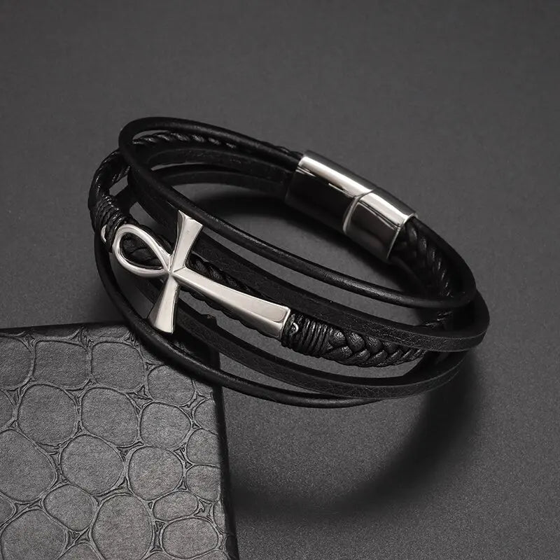 Egyptian Braided Leather Bracelet Ankh Cross silver
